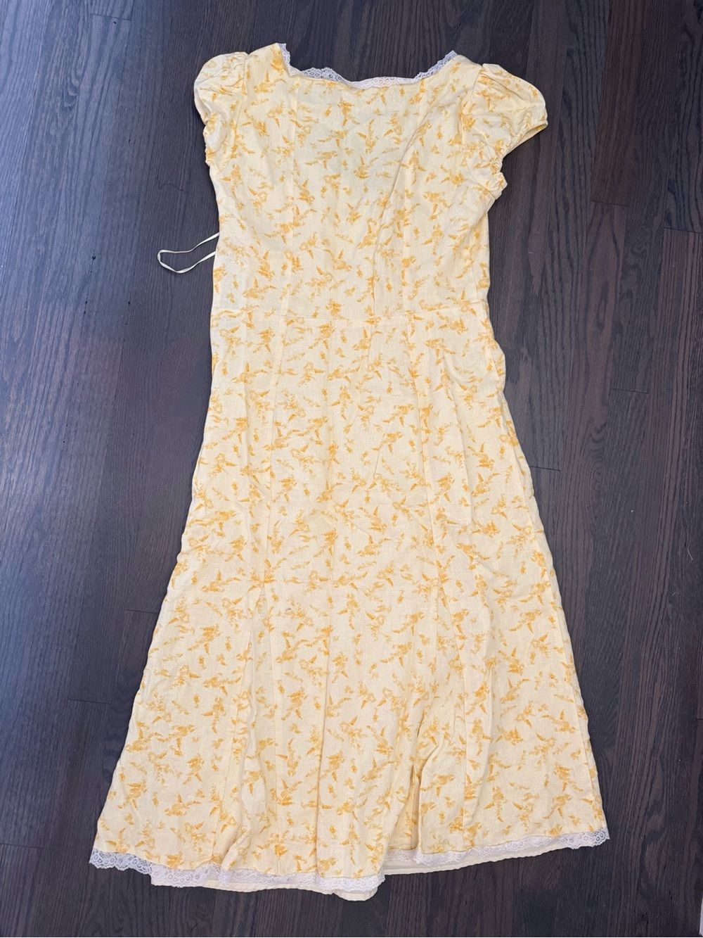 WAYF Yellow Floral Lace Up Midi Dress Puff Sleeve Lined Cottagecore Size M - Picture 4 of 4